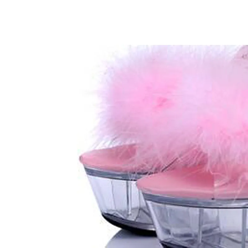 Pink(Black Sole) Г., летние босоножки на высоком каблуке, украшенные перьями и кристаллами женская свадебная обувь на платформе женские меховые шлепанцы на прозрачном каблуке WS0035 - Цвет: Pink(Black Sole)