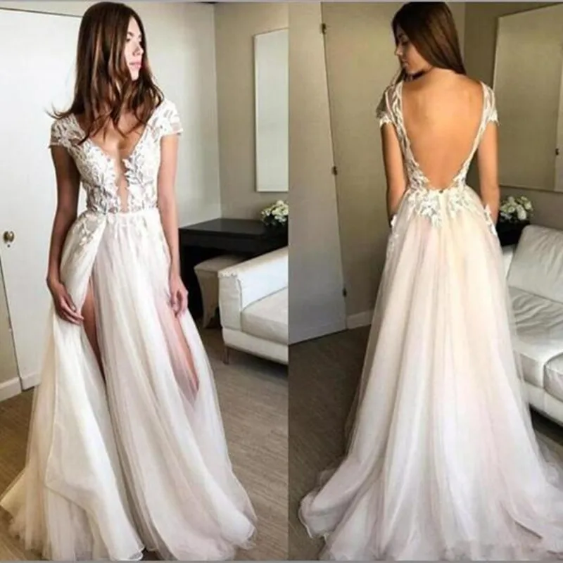 

Sexy A Line Long Evening Formal Dresses 2019 V Neck Lace Applique Backless High Side Split Women Party Prom Gown Custom Fashion