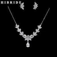hibride new arrival water drop clear cubic zirconia nigerian jewelry sets women bridal flower shape necklace earring set n 233