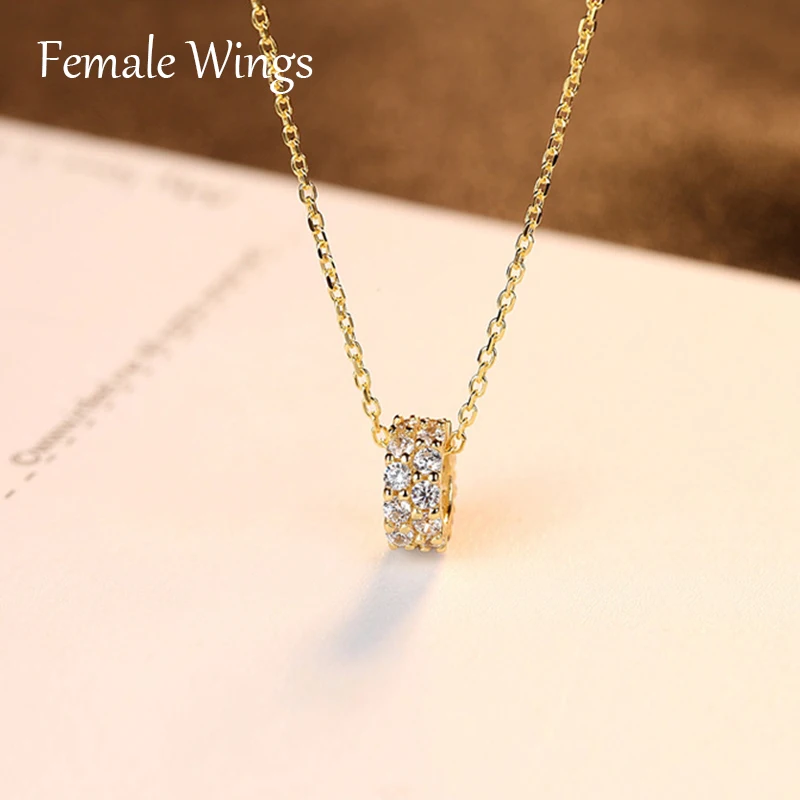 Female Wings 925 Sterling Silver Double Row Full Zirconium Pendant Necklace Plated 18K Real Gold Clavicle Chain FN037 | Украшения и