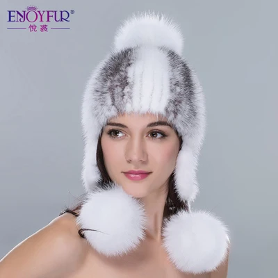 Женская шапка бини с ушами ENJOYFUR, теплая вязаная шапка из натурального меха норки с меховым помпоном на зиму - Цвет: Color 05 cross