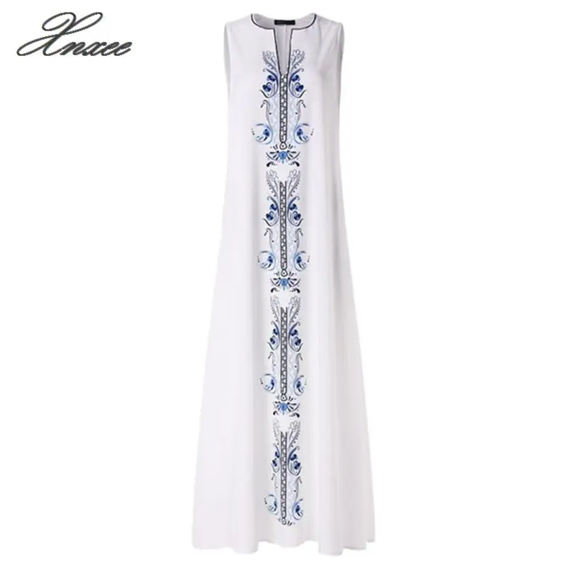 

Women's Vintage Printed Dress V-neck Sleeveless Pocket Summer Dress