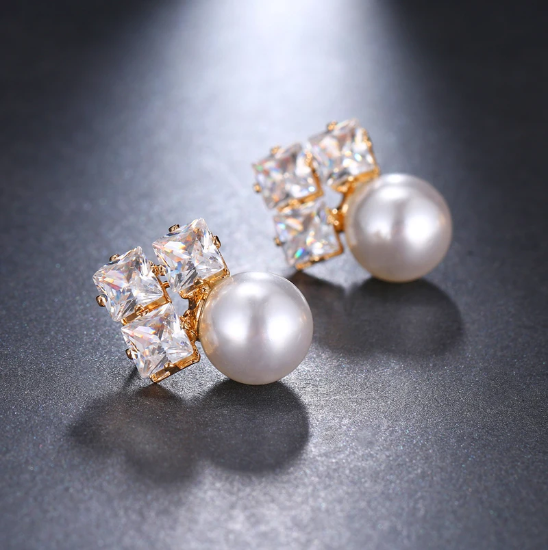 

LXOEN New Fashion Round Bridal Pearl Earrings Studs For Women with AAA Cubic Zirconia wedding Stud Earrings Jewelry Gift