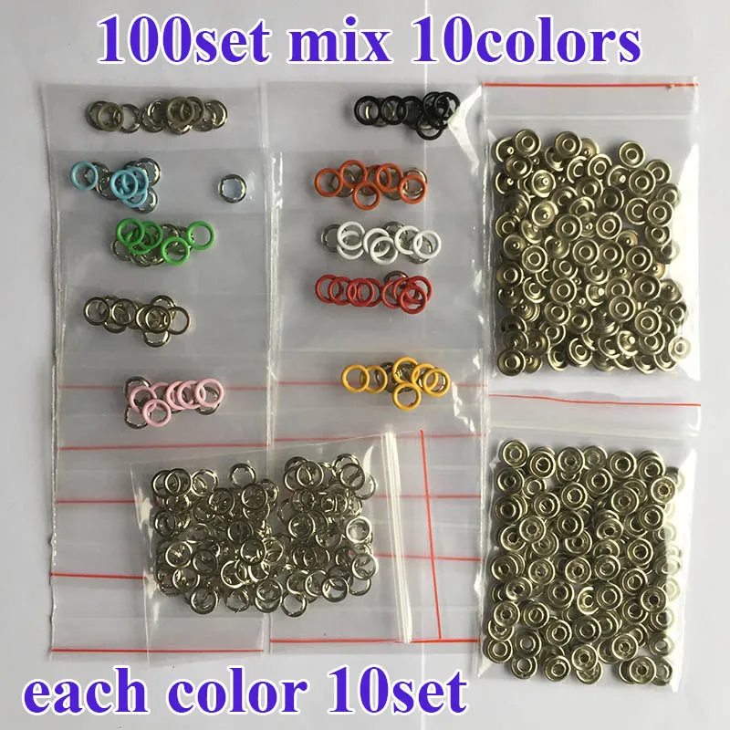 100set mix 10colors 100 набор, высокое качество, металлическая латунная зубчатая кнопка, 9,5 мм, 1 шт., плоскогубцы, инструмент и 100 набор, экологически чистые пресс-заклепки, Поппер-пряжка - Цвет: 100set mix 10colors
