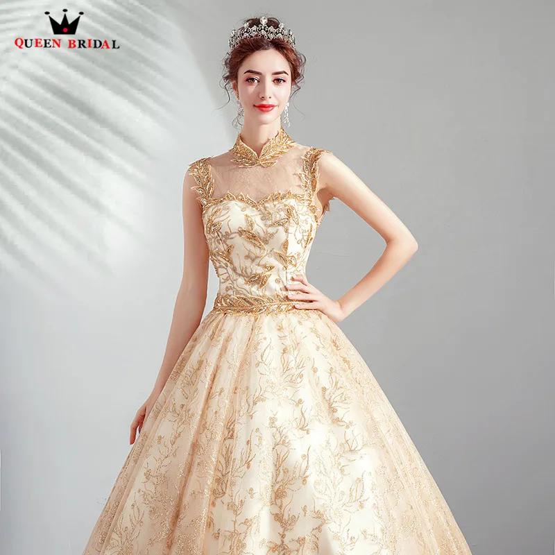 Золотые вечерние платья бальное платье с высоким воротом Тюлевое кружевное