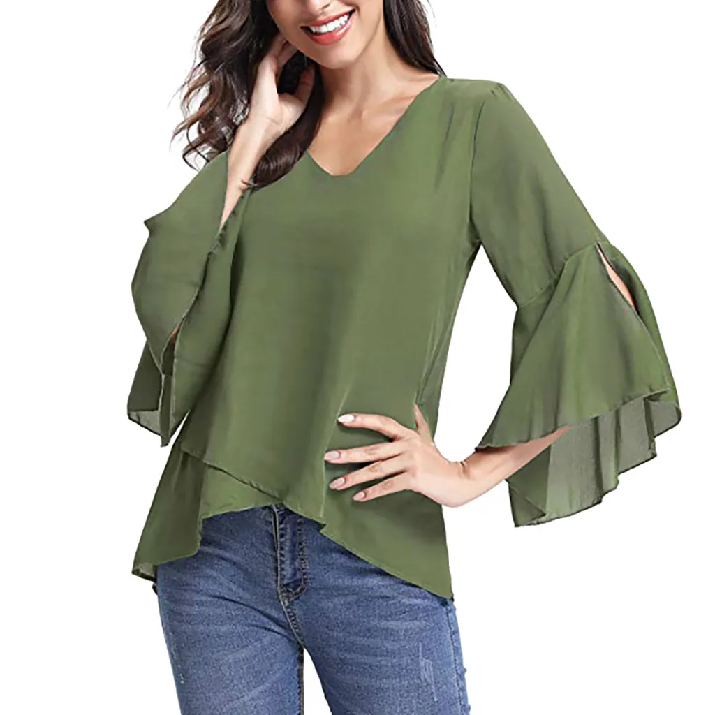 Hot Sale Tops Blouse Shirt Women Ladies Summer V-Neck Bell Sleeve Solid Chiffon Tunic #45 |