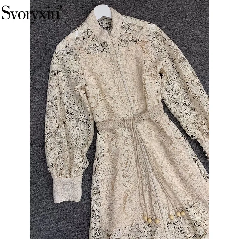 Svoryxiu High End Hollow Out Lace Embroidery Lantern Sleeve Maxi Dress Women's Single Breasted Runway Autumn Party Long Dresses
