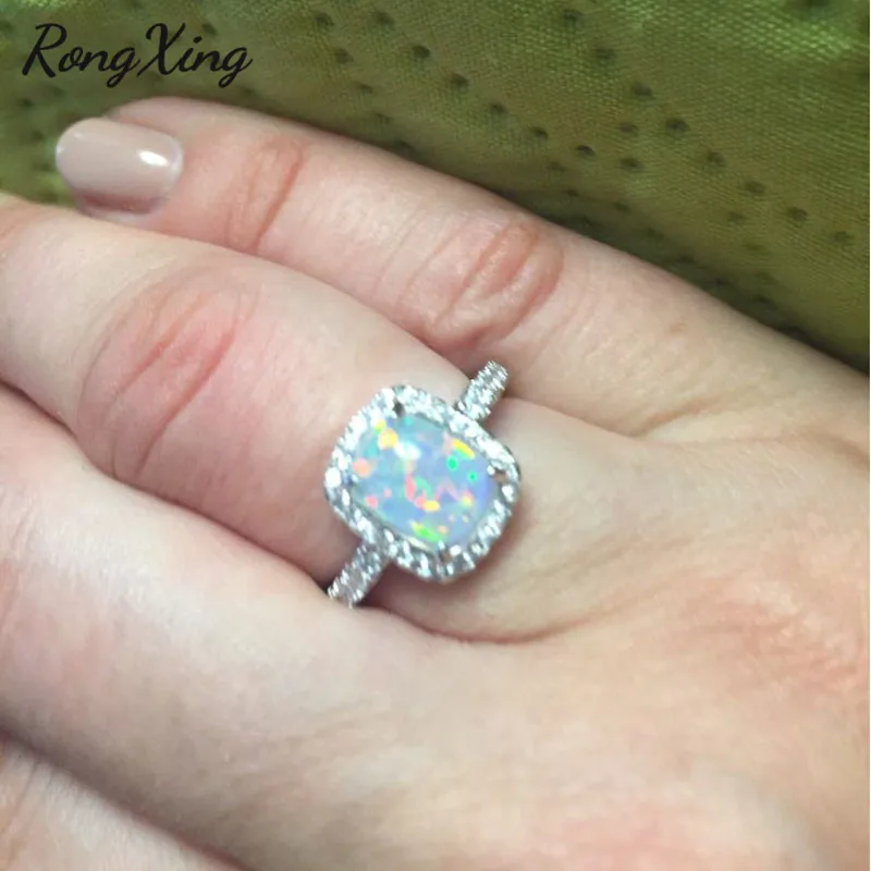 Женские кольца RongXing с белым огненным опалом прямоугольной огранки серебряный