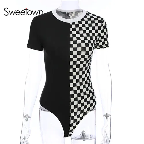 Sweetown короткий рукав О-образным вырезом облегающий костюм женская одежда лоскутное белый в черном контрастном цвете базовое боди элегантное - Цвет: as picture