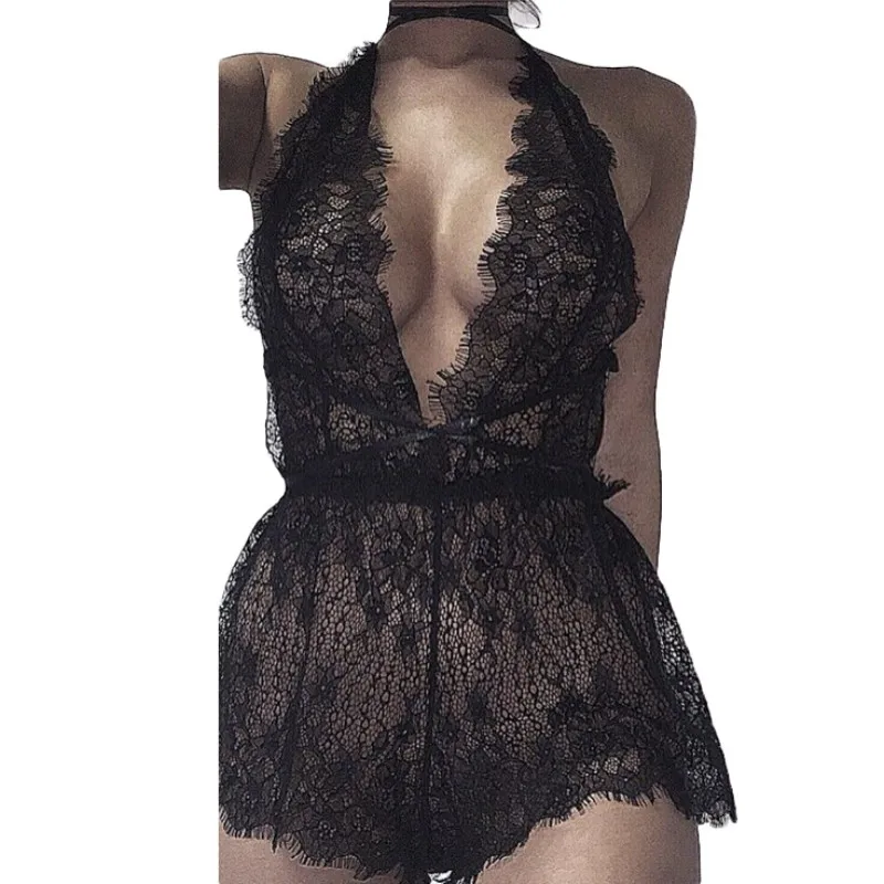 

Women Black Thin Section Lace Lingerie Babysuit Sexy Teddies Underwear Perspective Deep V-neck Halter Sleepwear X3