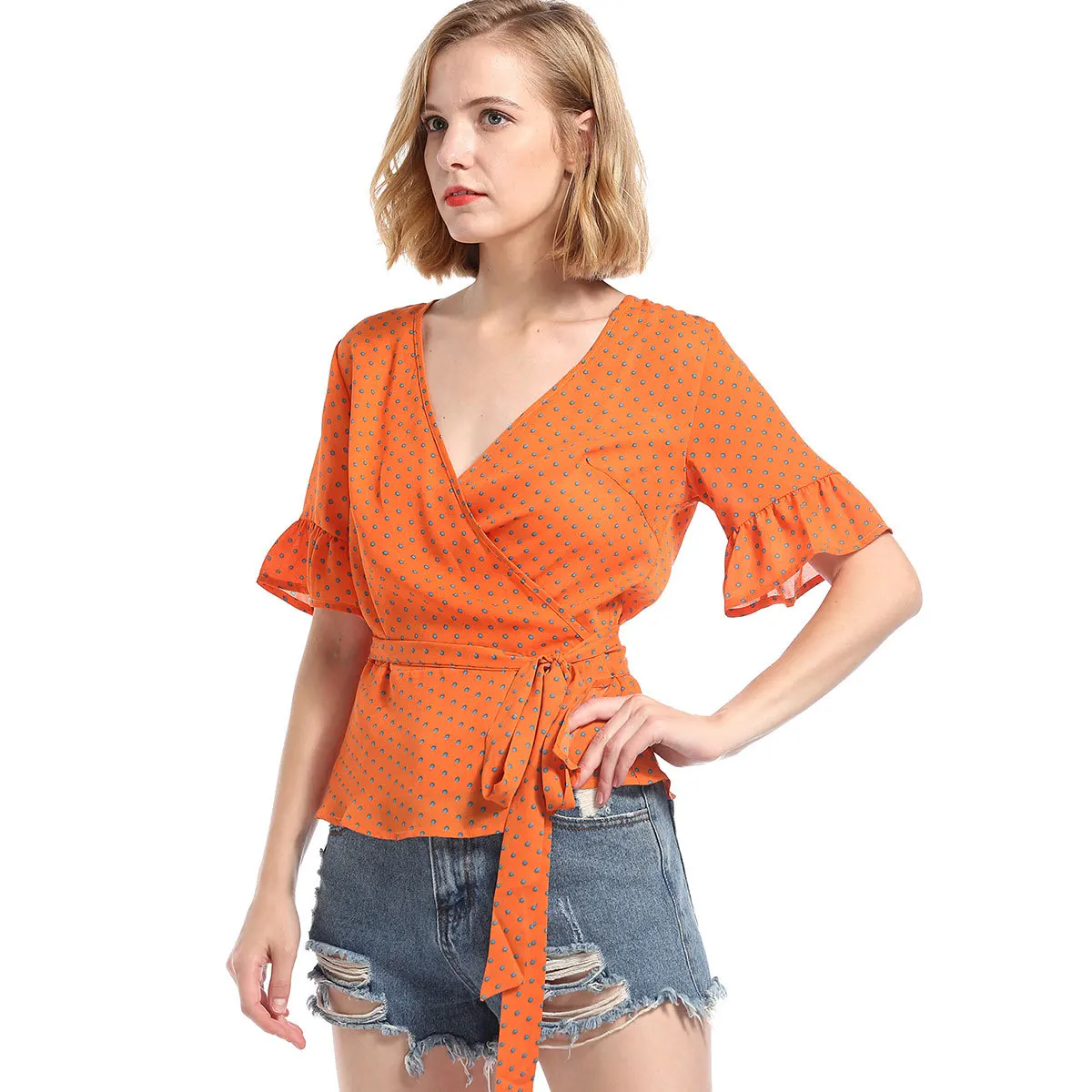 Труба рукавом v образным вырезом ремень аксессуары в горошек шифоновая рубашка