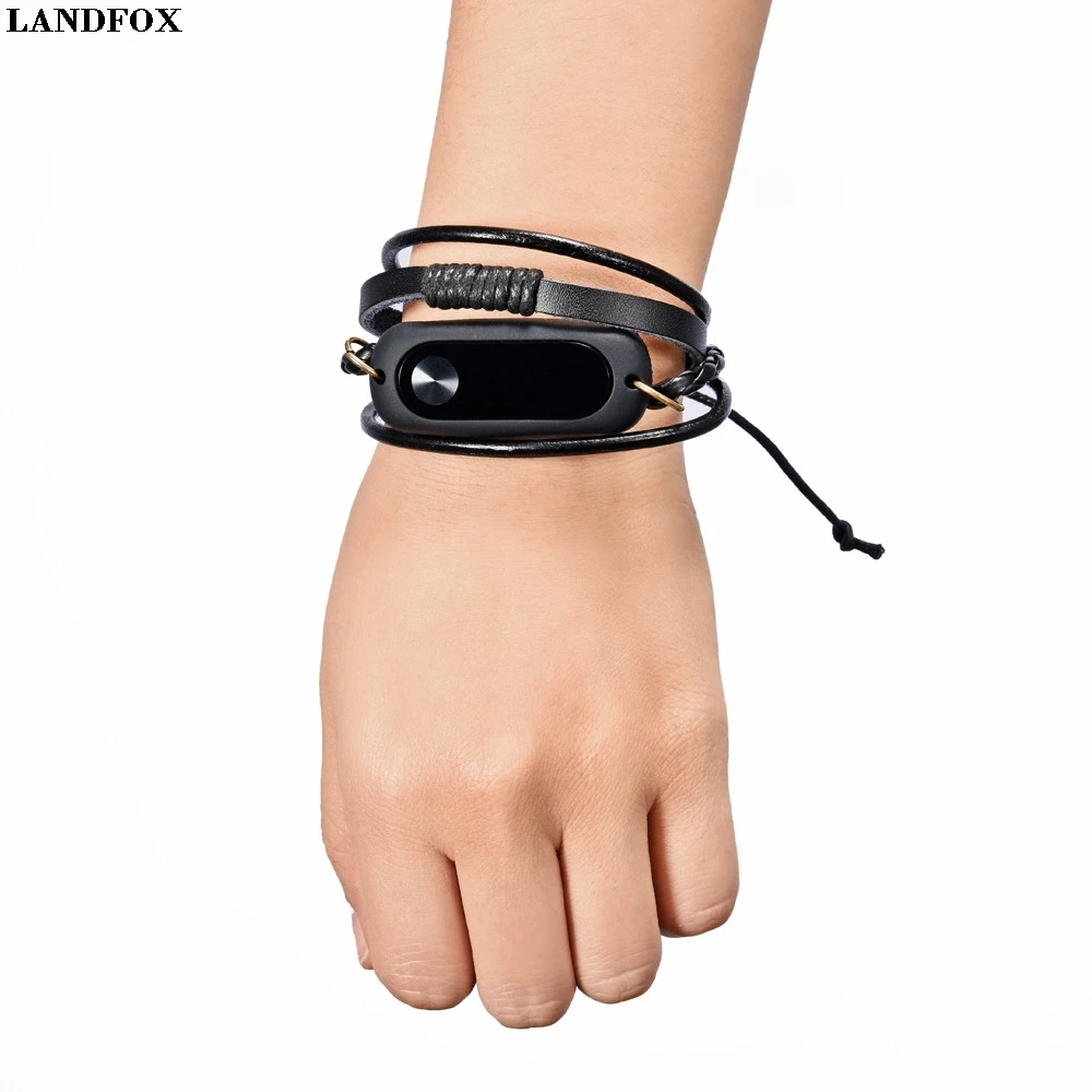 Новый модный кожаный браслет LANDFOX сменный ремешок для Xiaomi Mi Band 2 черный смарт