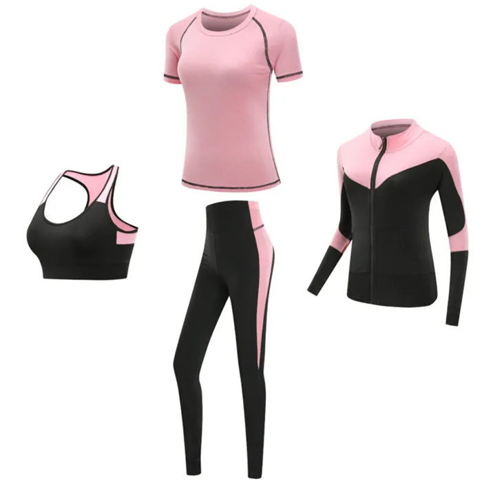 4 piece set d Быстросохнущая женская спортивная одежда, комплект из 4 предметов, комплект одежды для фитнеса, спортзала, йоги, пальто+ бюстгальтер+ футболка+ леггинсы,, для тренировок, бега - Цвет: 4 piece set d