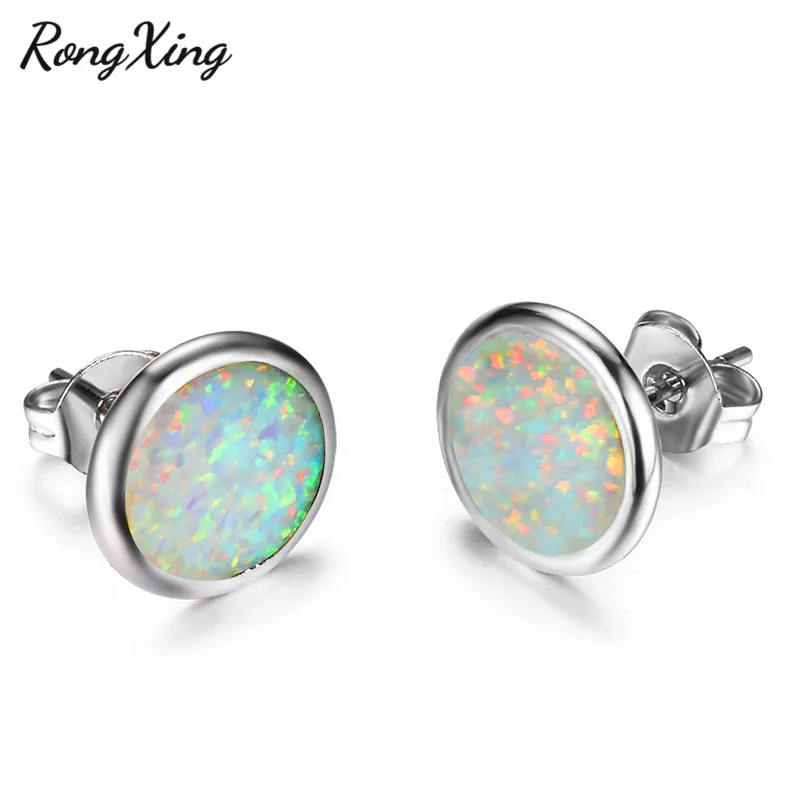 Круглые серьги гвоздики RongXing серебряного цвета для женщин Радужный камень Белый