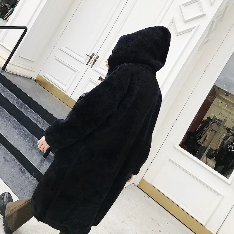 

Winter Korean style loose-fitting hooded and fleece thickened mid-length woollen garment men's warm web celebrity fur coat