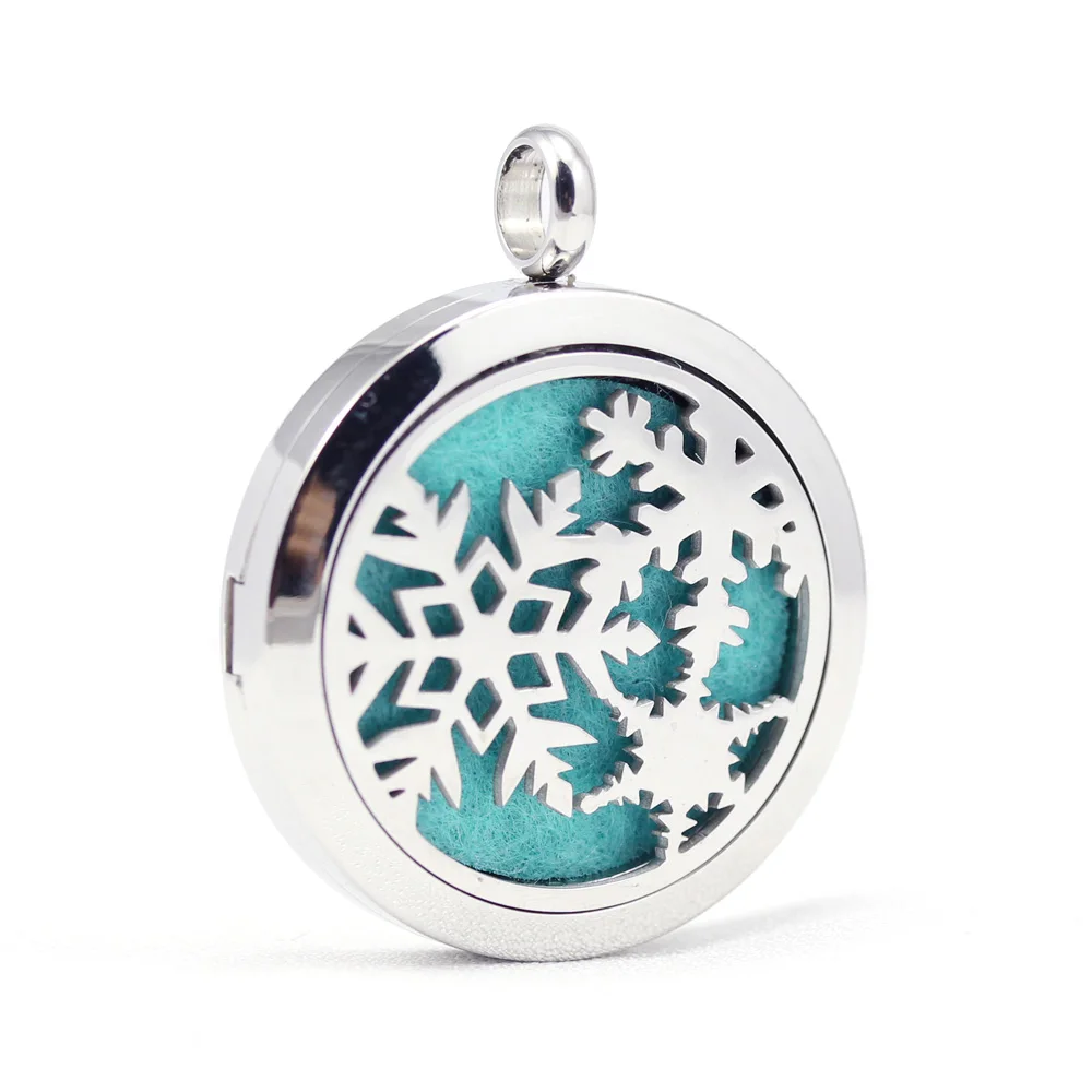 

30mm 316L stainless steel snowflake winter design aroma aromatherapy essential oil diffuser necklace