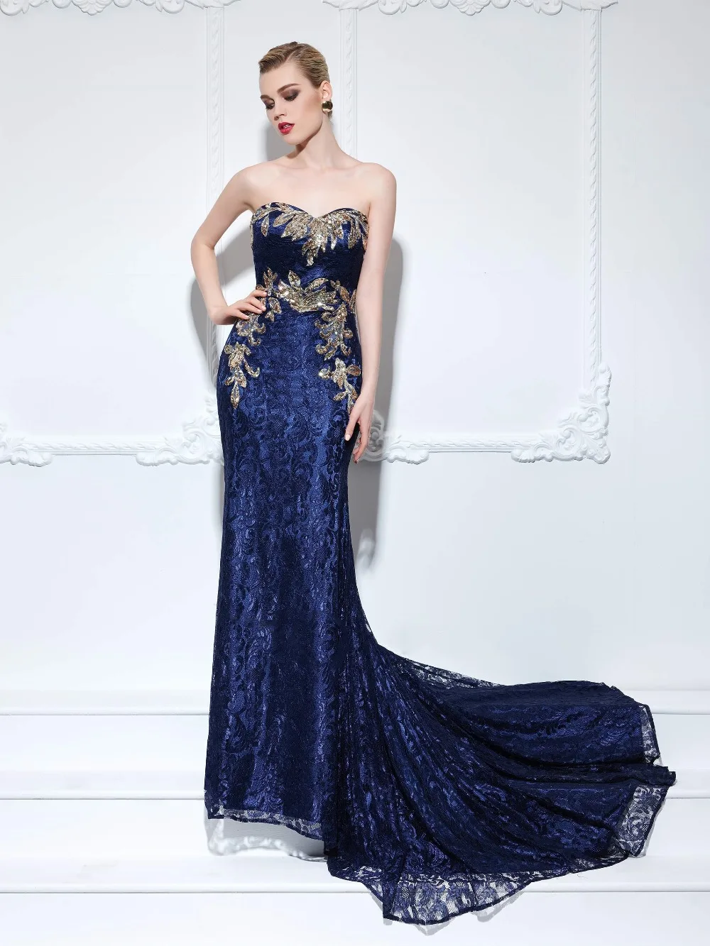 Темно-Синий Русалка Вечерние Платья 2017 Люкс Кружева Аппликация Hollow Вернуться