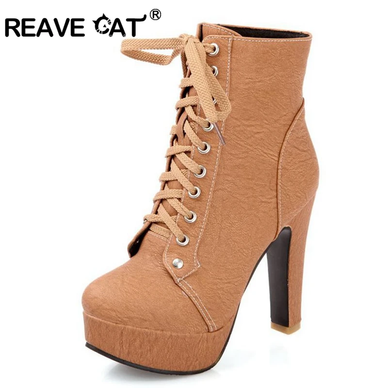 

REAVE CAT Autumn Winter Women Ankle boots high heels Lace up leather double buckle Platform short booties New black QA3246