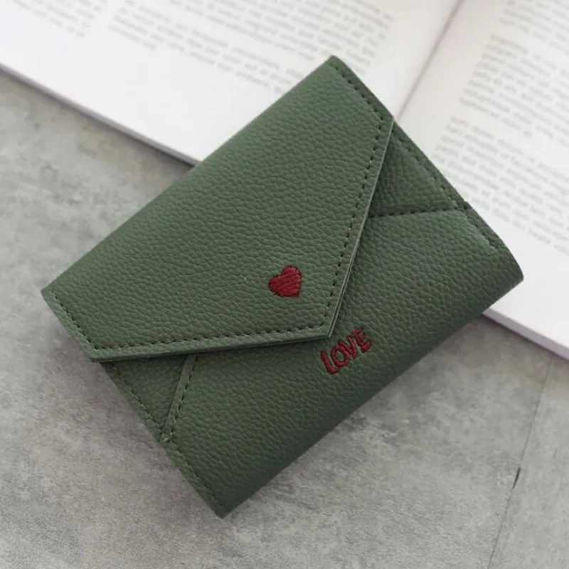 Dark green Новинка, женские кошельки, кошелек, мини кошелек, любовь, в форме сердца, вышивка, линия личи, узор, многофункциональный кошелек, 3 сложения, маленький кошелек - Цвет: Dark green