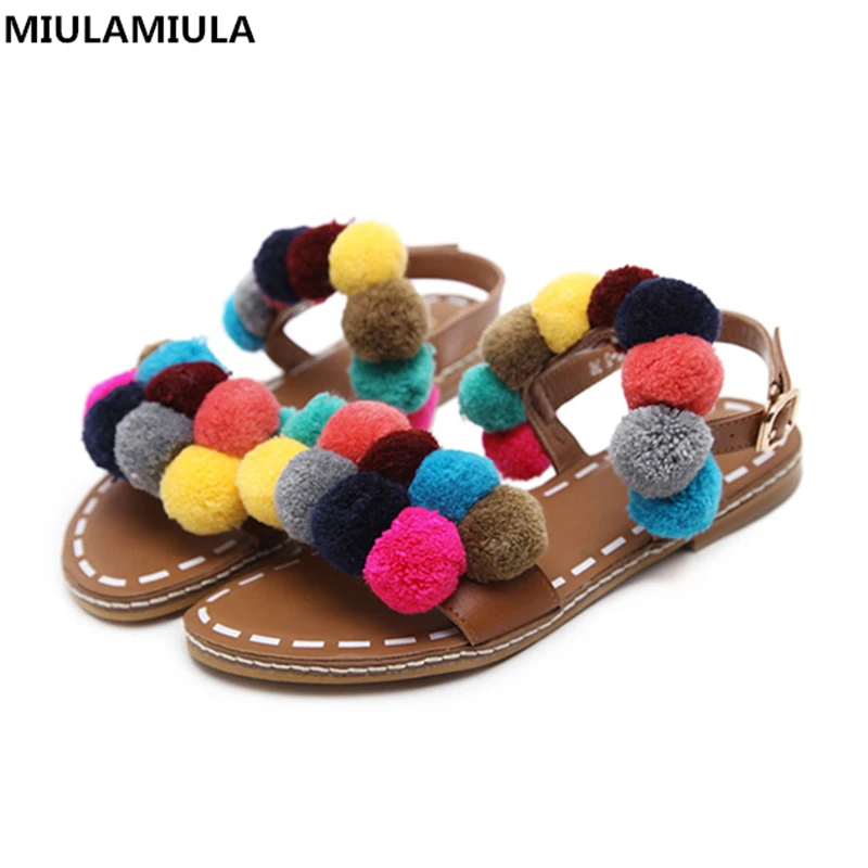 Miulamiula бренд 2018 Новый Мода Красочные Pom женские босоножки пляжная обувь на плоской