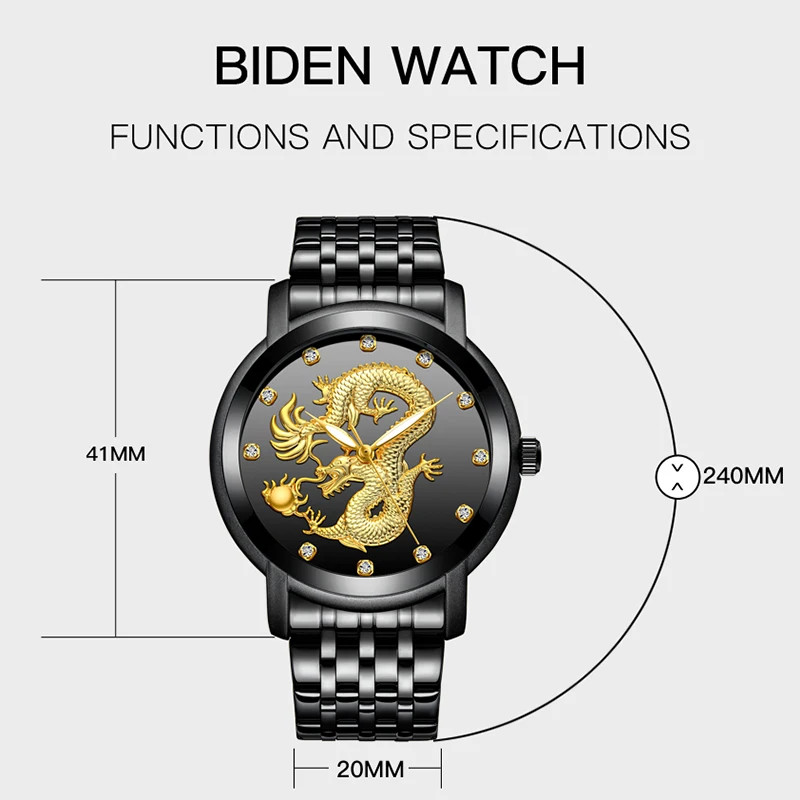 Роскошные Брендовые мужские часы BIDEN с 3D золотым Драконом уникальный дизайн