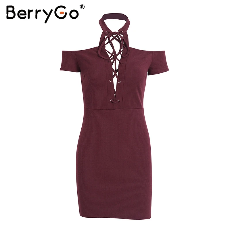 BerryGo, Холтер, на шнуровке, вязаный свитер, платье, женское, с открытыми плечами, облегающее платье, Осень-зима, элегантное, Открытое платье, vestidos