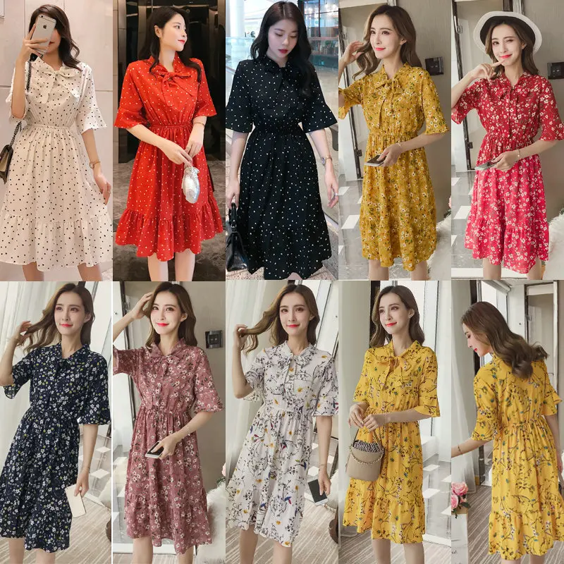 Summer Women's Dress 2019 Casual High Elastic Waist A-line Vintage Party Dresses Ladies Bow Floral Print Boho Chiffon Sundress | Женская
