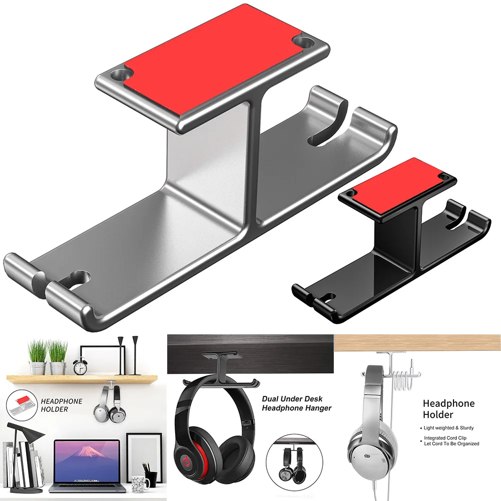 

Headphone Stand Dual Headset Holder Hanger Punch Free Under Desk Aluminum Alloy QJY99