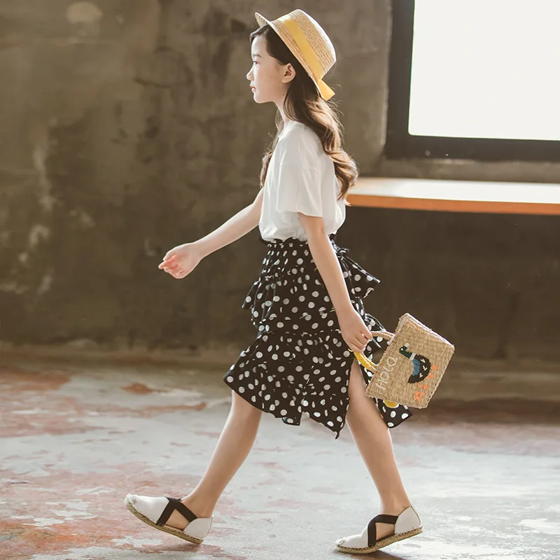 Винтажная Асимметричная длинная юбка в горошек одежда для девочек-подростков 6-14