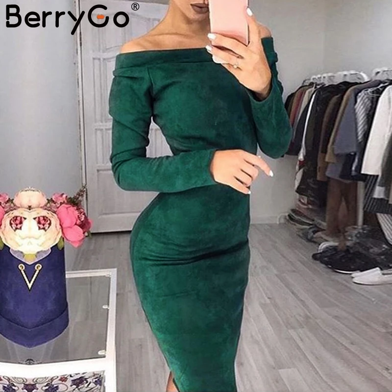 BerryGo с открытыми плечами эластичные замшевые облегающие Сексуальные Платья