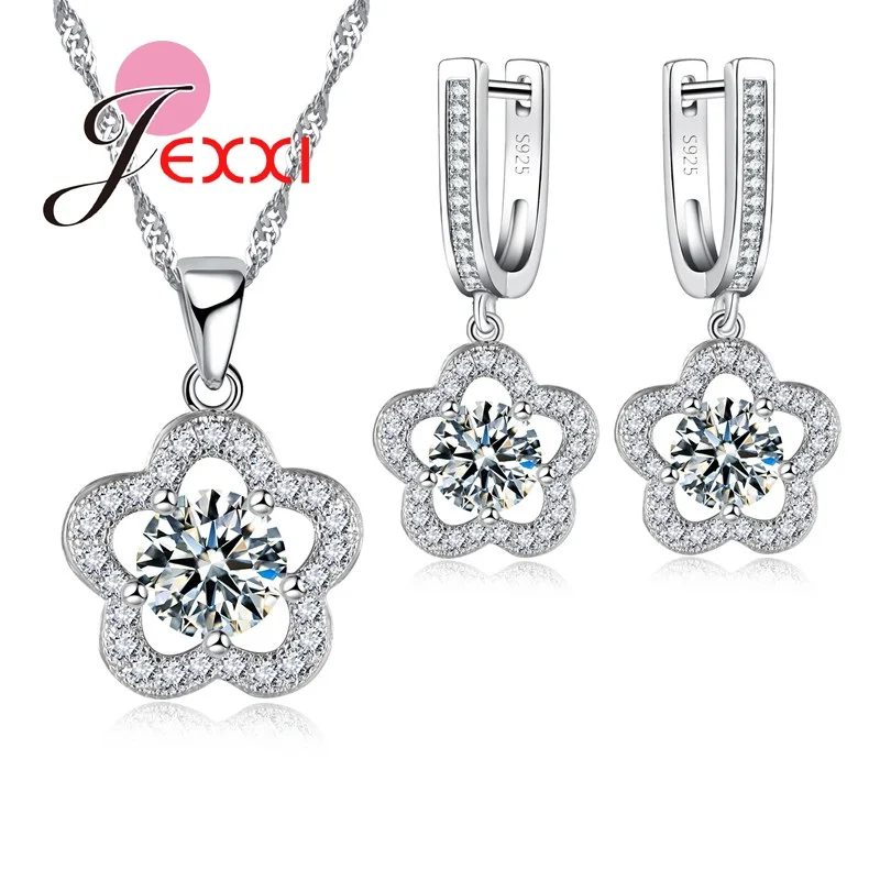 

New Silver Jewelry Sets Flower Shaped Engagement Pendant Wedding Necklace Earrings For Women Jewelry Set