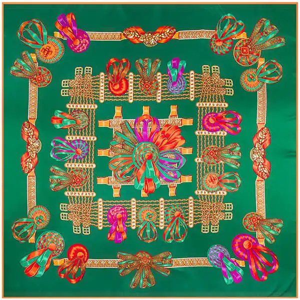 green Twill Silk Women Scarf 130*130 Luxury Brand Wreath Print NecKerchief Square Scarves Foulard Hijab Bandana Gift Silk Shawl - Цвет: green