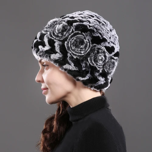 grey and black Брендовые женские шапки из меха кролика Рекс, вязаные полосатые шапки из натурального меха кролика Рекс, зимние теплые шапки с цветами Skullies, меховая шапка - Цвет: grey and black