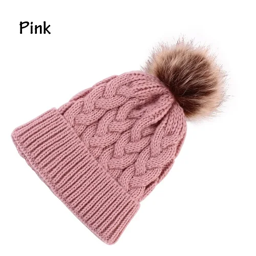pink hat Новинка года; Зимняя Вязаная Шапка-бини для девочек; детская теплая шапка с меховым помпоном; вязаная шапка с помпонами; мягкая Лыжная Шапка; модный Рождественский подарок - Цвет: pink hat