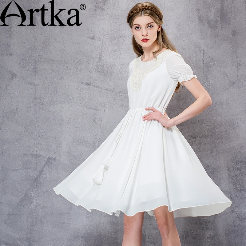 Женское кружевное шифоновое платье ARTKA 2 цвета летнее с круглым вырезом рукавом