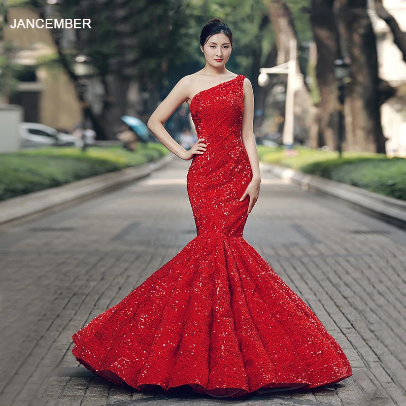 

J66574 jancember elegant mermaid evening dress one shoulder floor length red bride wedding party dresses robe soiree rouge marié