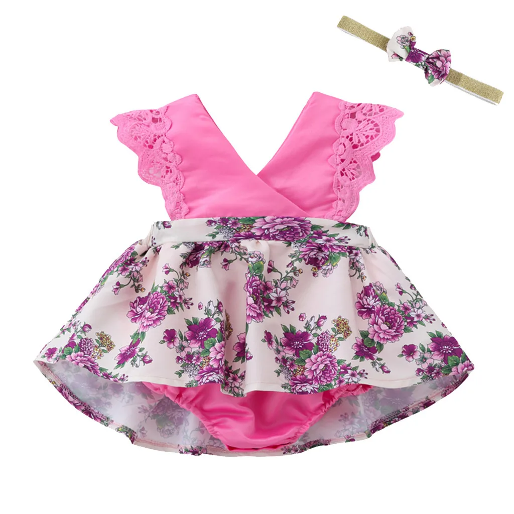 Baby Girl Sleeveless Lace Rose Floral Print Romper Jumpsuit Sunsuit Hairaband Set Newborn Toddler Infant Summer Fashion | Детская одежда