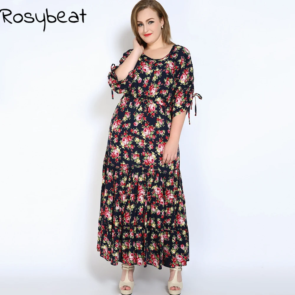 Rosybeat цветочный принт платья для женщин с длинным рукавом Макси длинное платье 4xl