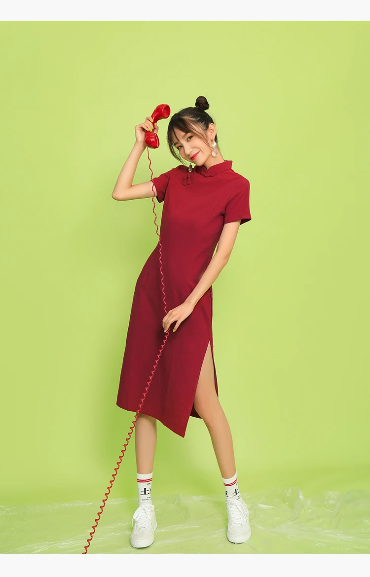 SWEETXUE Red Elegant Cheongsam Summer Sress Vintage Stand Collar Buckle Solid Color Midi Dresses Women Vestidos Femme
