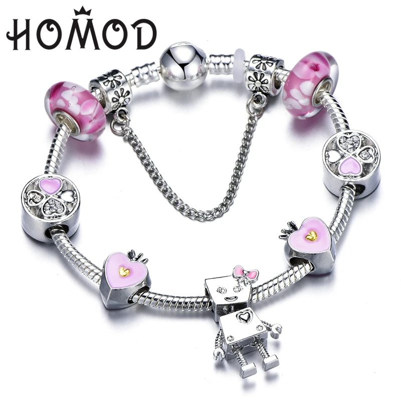 

HOMOD Dropshipping Romantic DIY Bella Charm Bracelet Pink Heart Crown Beads Brand Bracelet for Women Couple Jewelry Gifts