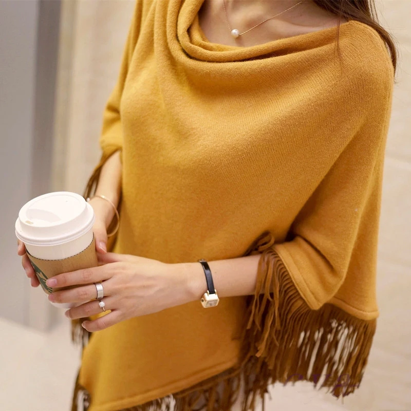 

Ponchos Women Knitted Sweaters Coats 2020 Spring Autumn Solid Elegant Pullover Jumper Irregular Tassel Hem Cape Cloak Pull Femme