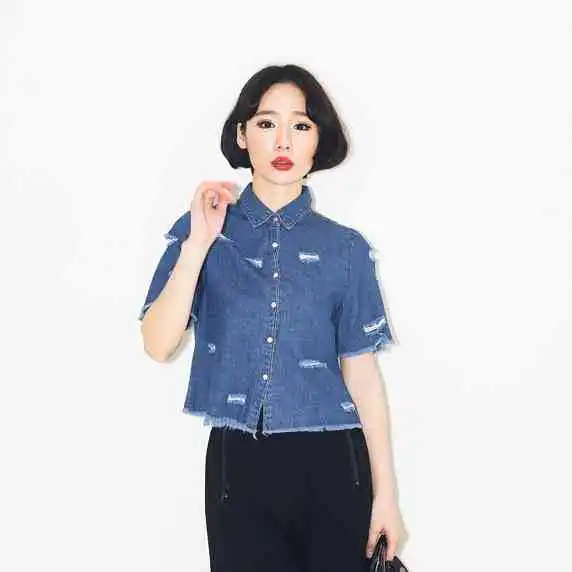 Women Tops Summer Style 2015 Korean Fashion Casual Ripped Hole Short Sleeve Blue Denim Shirt Jeans Top blusa feminina T38 |