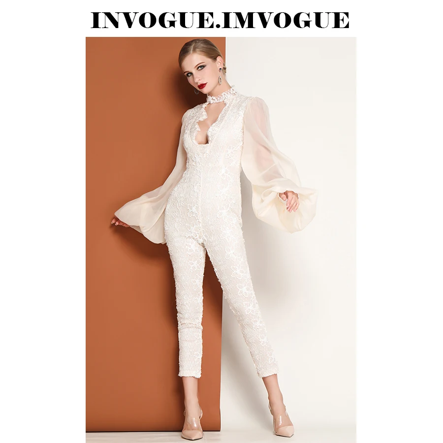 INVOGUE. Женский кружевной комбинезон с круглым вырезом и длинными рукавами ivogue