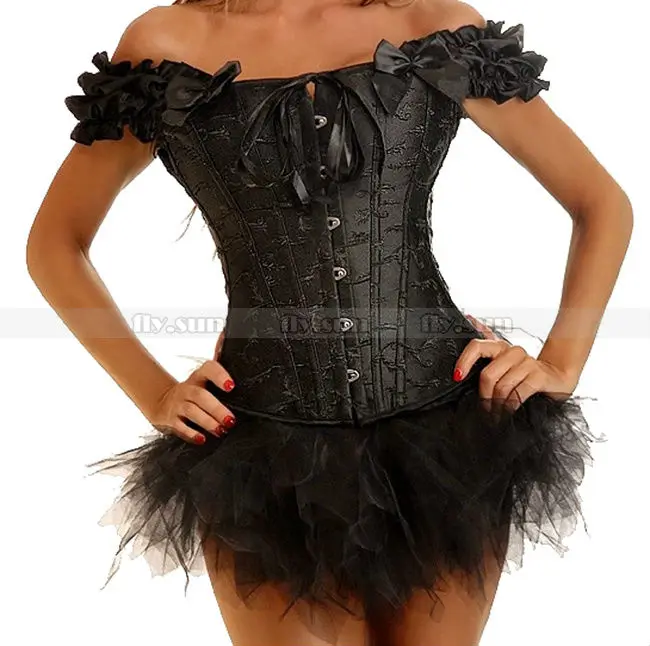 

Black Embroidered Heavily Steel Boned Corset Lace up Bustier Sexy Lingerie + Black TuTu Skirt S M L XL 2XL