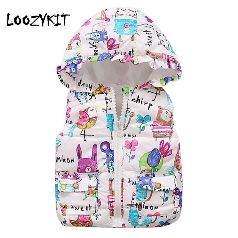 Детский жилет для девочек Loozykit теплый хлопковый с капюшоном и принтом верхняя