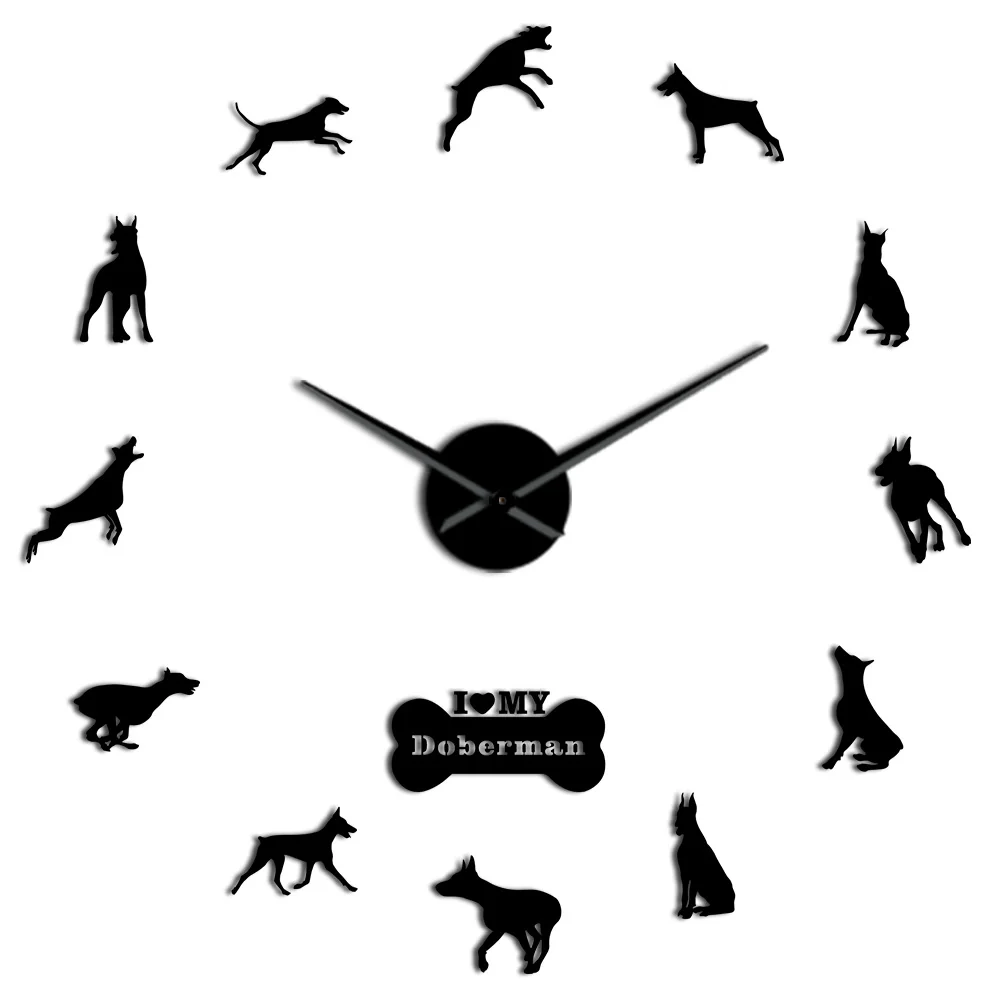 Black Doberman Pinscher 3D DIY бесшумные настенные часы кварцевые часы с батарейным питомец магазин Бескаркасный Настенный декор подарок для любителя собак - Цвет: Black