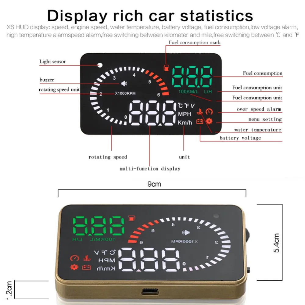 Автомобильный HUD Дисплей X6 3 дюймовый дисплей с отображением расхода топлива