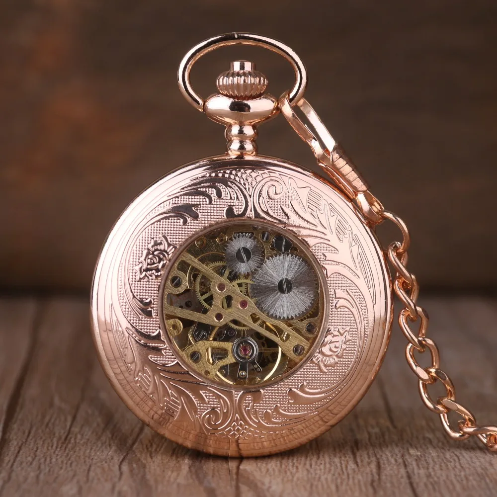 Luxury Rose Gold Roman Numerals Display Manual Mechanical Pocket Watch Steampunk Men's and Women's Necklace Pendant Clock