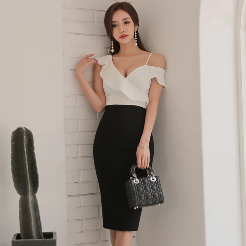 One Shoulder Strap Hit Color Women Dress Ruffle Cold-shoulder Mid-length Summer Dresses Slim Bodycon OL 2018 feminino | Женская одежда