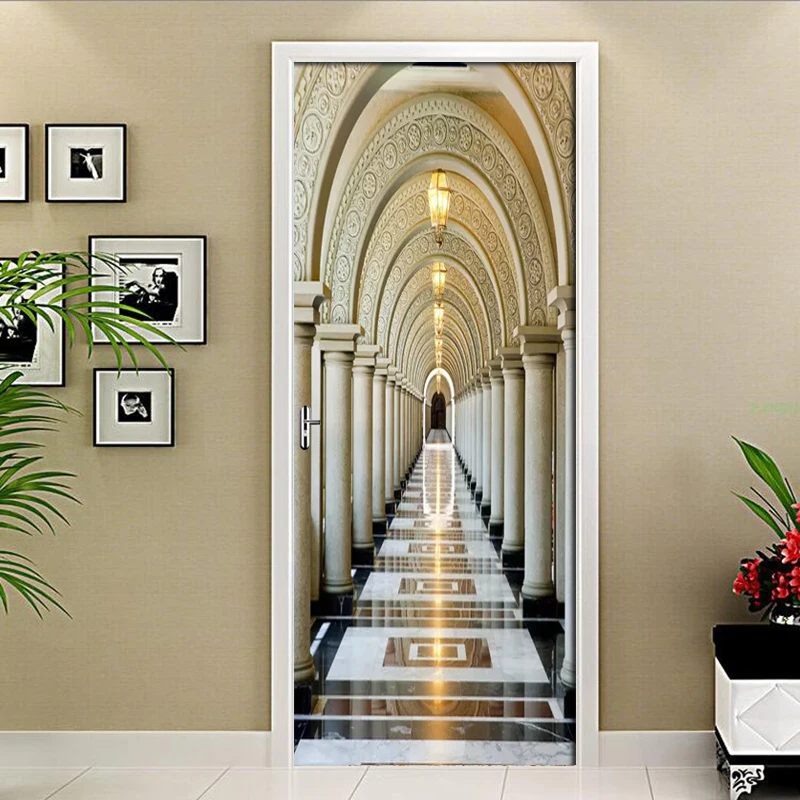 

DIY Door Sticker Golden Roman Column Corridor Wallpaper PVC Waterproof Self-adhesive Poster Living Room Bedroom Door Decor Mural